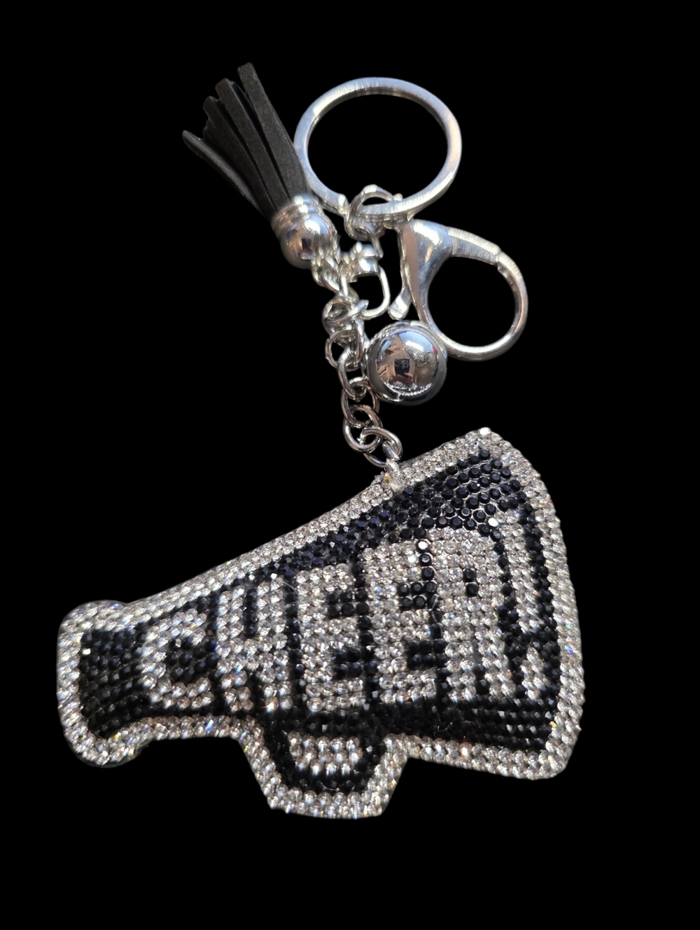 Black Rhinestone 'CHEER' Megaphone Keychain with Red Tassel